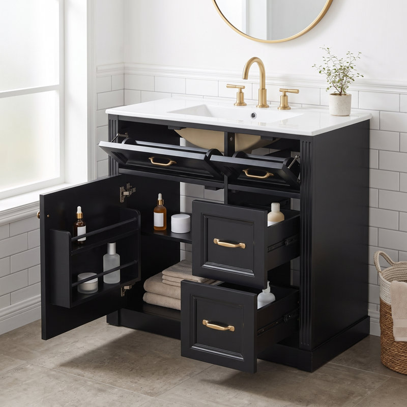 Meuble-lavabo autoportant à un lavabo de 91 cm (36 po) en noir, avec comptoir en céramique et porte d'armoire à fermeture amortie