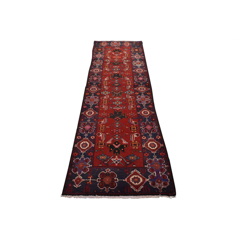Tapis rouge rétro en laine noué à la main 3 pi 6 po x 9 pi 8 po Tribal Vintage