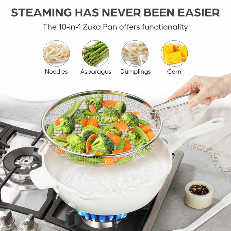 Granitestone Zuka Everyday 10in Nonstick Multifunctional Pan With Lid, Nylon Spoon, And Steamer Basket, Cream