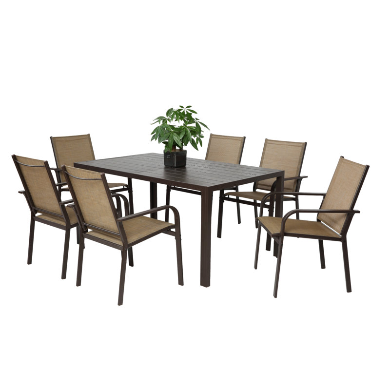 Ensemble de salle à manger 7 pièces, table de jardin et 6 chaises en textilène, ensemble de conversation avec table rectangulaire et 6 chaises empilables