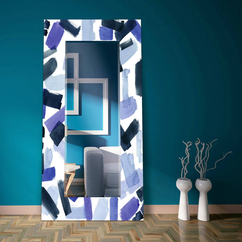 "Cerulean Strokes"Rectangular Beveled Mirror on Free Floating Reverse Printed Tempered Art Glass, 72" x 36"