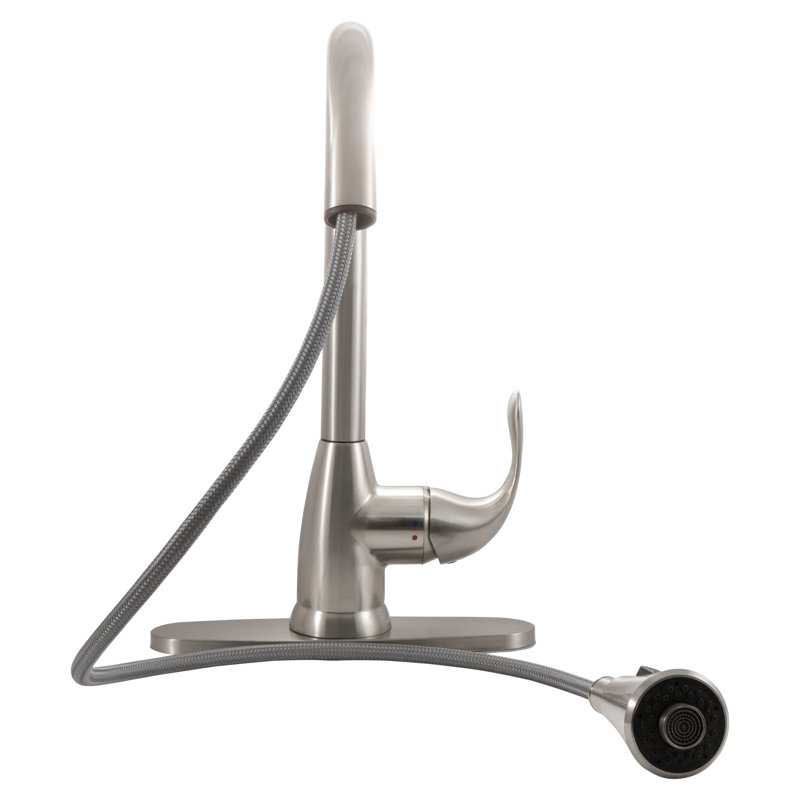 Robinet de cuisine à bec rétractable à poignée simple avec plaque de pont en nickel brossé 8 po FlowCurve