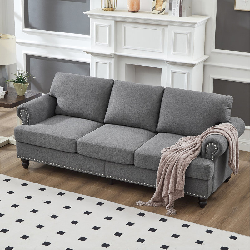 Canapé trois places gris de 211 cm (83 pouces) avec clous argentés, espace de rangement rond et dissimulé, décoration moderne avec clous décoratifs, structure en bois massif gris, housses de coussin amovibles