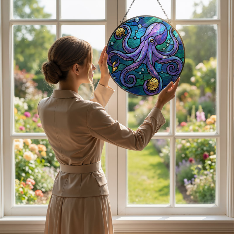 Panneau de vitrail 12 "H Octopus, H 12 po x l 12 po