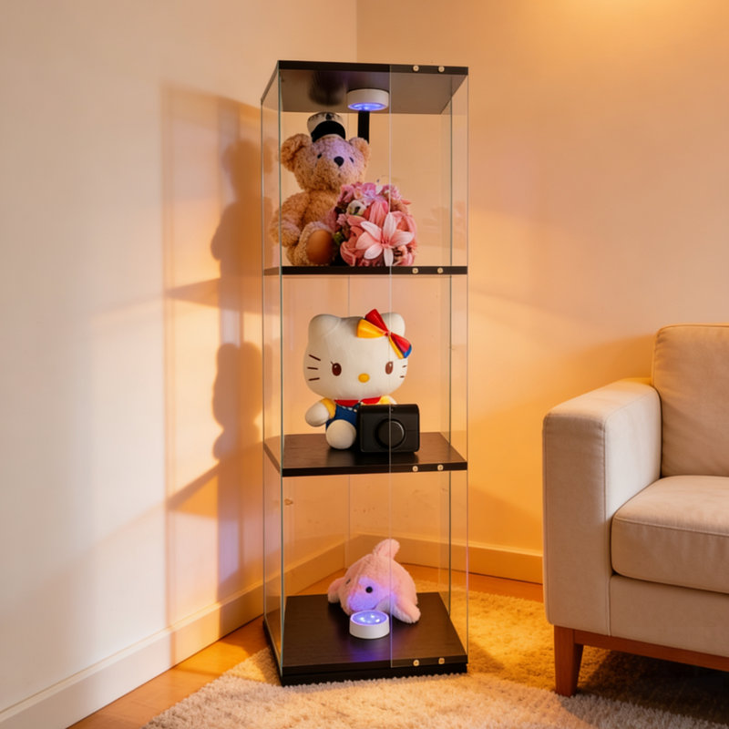 Rotatable Three-Layer Cabinet Style Display And Wine Storage With Remote Control LED Light, Adjustable Feet,  For Living Room And Corridor