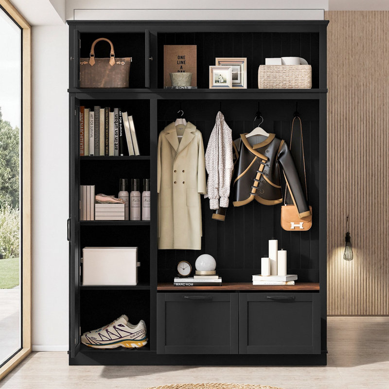 Arbre d'entrée 3 en 1 avec armoire de rangement supérieure, rangement ouvert, 3 tablettes latérales réglables, 4 crochets robustes, 2 tiroirs spacieux et banc de siège