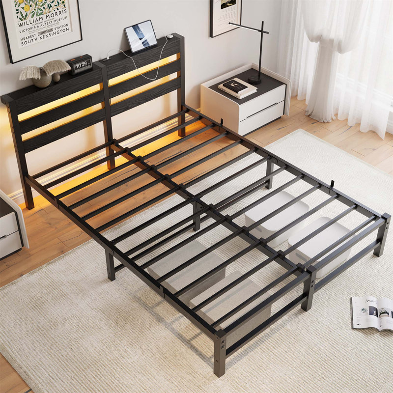 Queen Black Metal Bed Frame with Wooden Headboard and RGB Lights