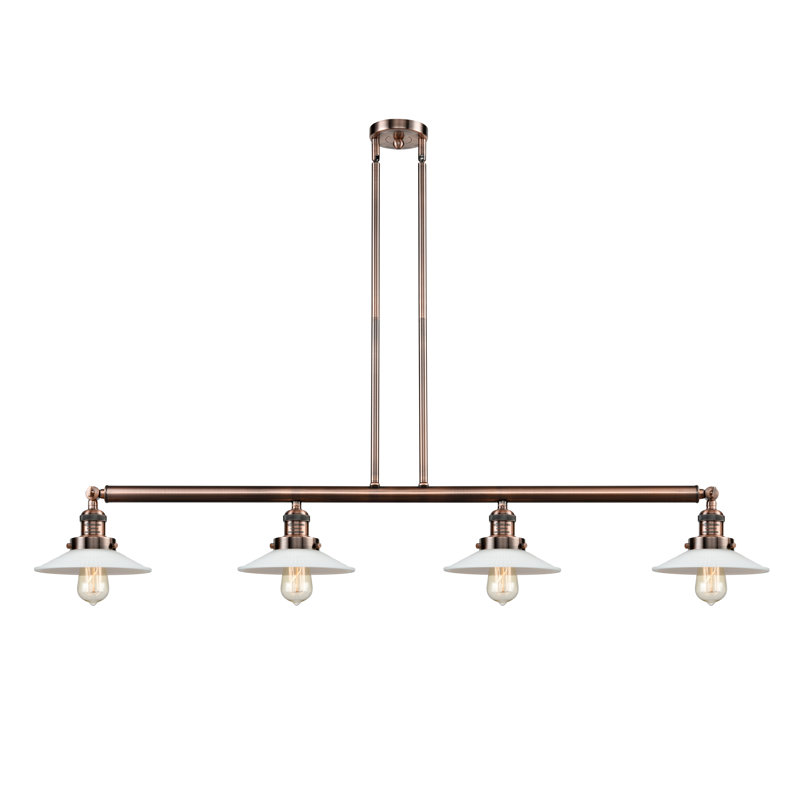 Luminaire suspendu linéaire à 4 lumières pour îlot de cuisine Miramontes, Halophane blanc mat, Chrome poli