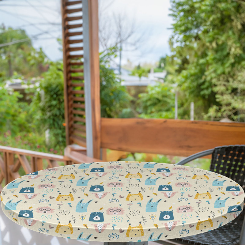Jungle Cartoon Fitted Round Tablecloth Cream Multicolor, 51.97" Round