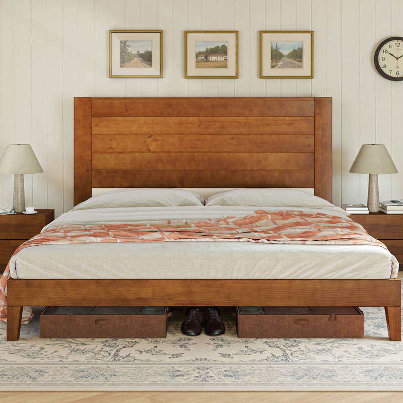 Bilal King Size Solid Wood Platform Bed Frame With 48.6'' Headboard,Yellow, Yellow, King