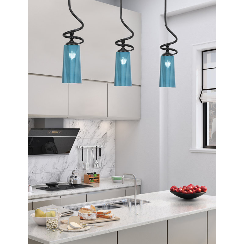 Suspension Sadea Stem Mini présentée en finition noir mat avec verre dégradé bleu de 12,7 cm (L) x 24,8 cm (H).