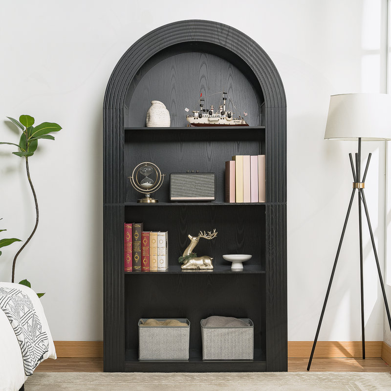 Bibliothèque arquée de 78,74 po de hauteur, bibliothèque de style Mid-Century à 4 niveaux avec tablette de rangement ouverte pour la salle à manger, le salon et la chambre à coucher (noir)