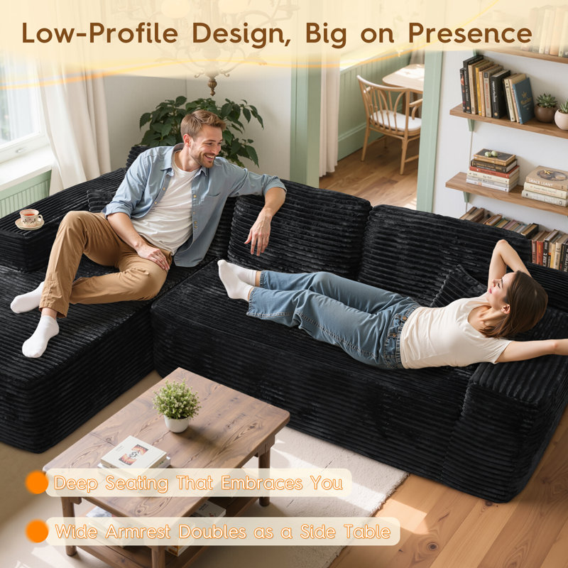 Boneless No Assembly Required Compression Packed 2 - Piece Corduroy Sofa, Black Corduroy