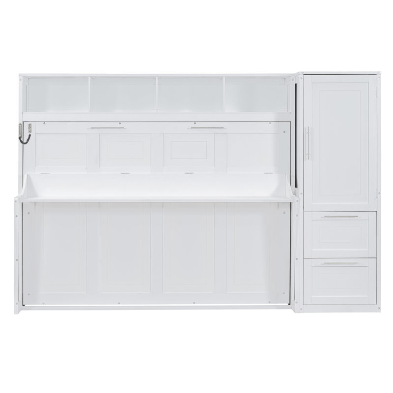 Lit escamotable double pleine grandeur avec placard et tiroirs, lit avec rangement peu encombrant, blanc