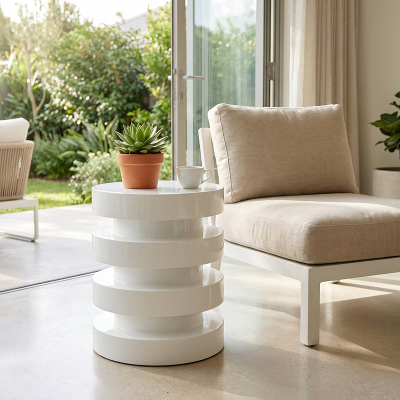 Modern Magnesium Oxide Side Table with Three-Tier Design for Indoor and Outdoor Use, Compact Round Accent Table, White