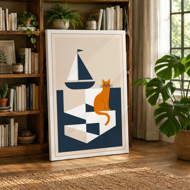 Cat and Sailboat Mid-Century - Wrapped Canvas, 18x12 - 45.7 x 30.5 cm, Teal Border
