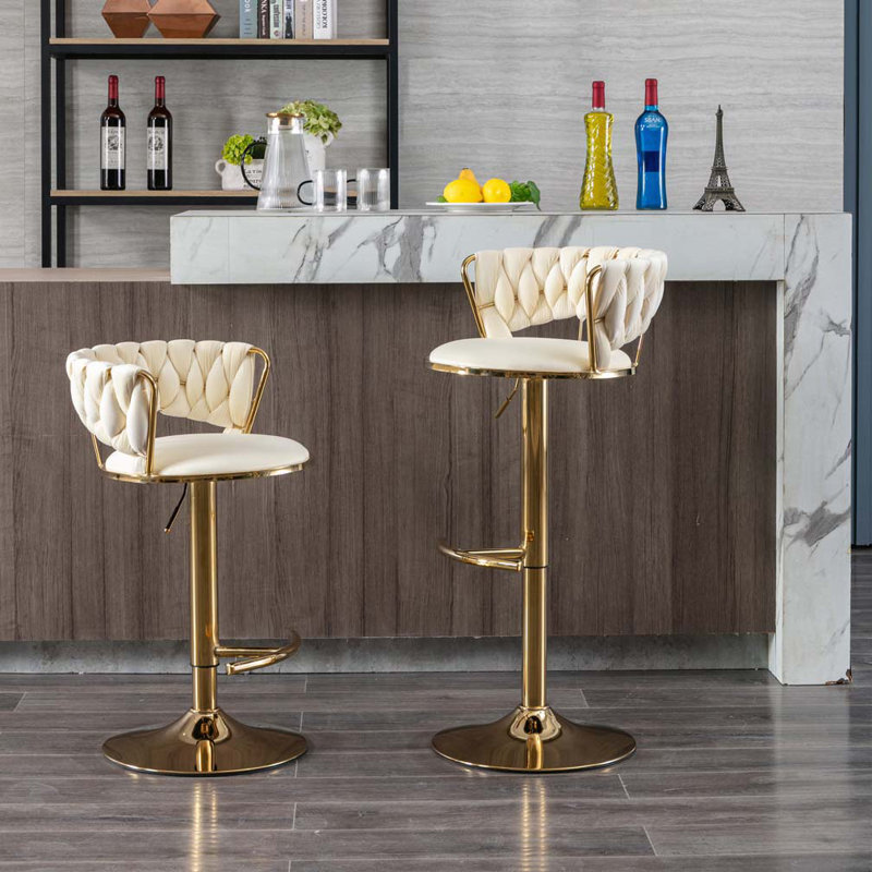 Ensemble de tabourets de bar rembourrés réglables en tissu chromé avec dossier et repose-pieds, Crème, crème
