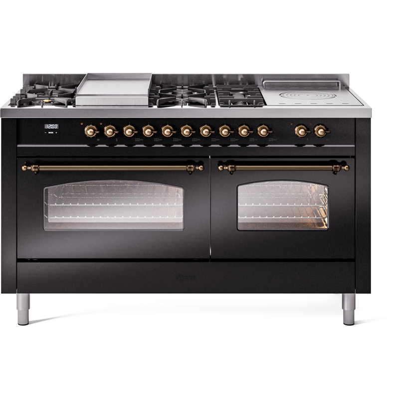 ILVE Nostalgie II 60 Dual Fuel Range, 5 Burners, Griddle, Frenchtop , Glossy Black/Bronze, Natural Gas