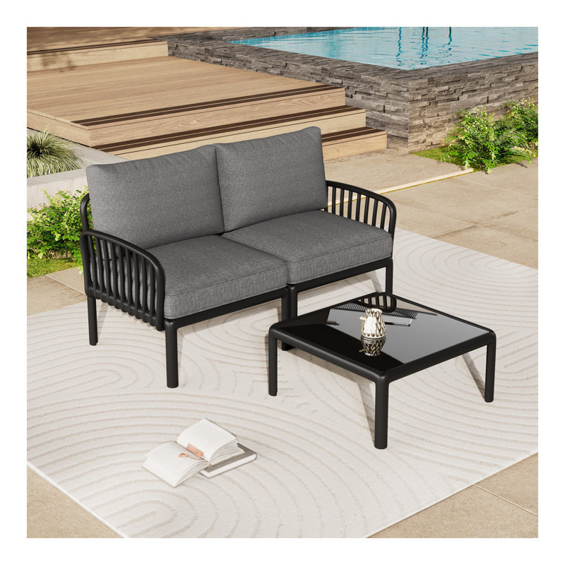Ensemble de conversation pour patio 3 pièces, ensemble de mobilier modulaire d'extérieur moderne avec table basse carrée, coussin épais et imperméable pour porche, balcon, gris clair