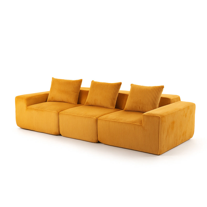 Fauteuil orange à 3 places en velours côtelé avec conception entièrement compressée, sièges moelleux pour les espaces de vie principaux, sans assemblage requis Compression modulaire, structure, espaces
