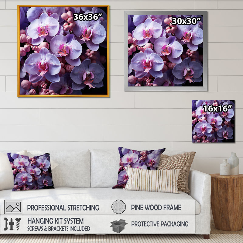 Orchidées mauves - impressions sur toile, Cadre flottant doré, H 30 po x l 30 po