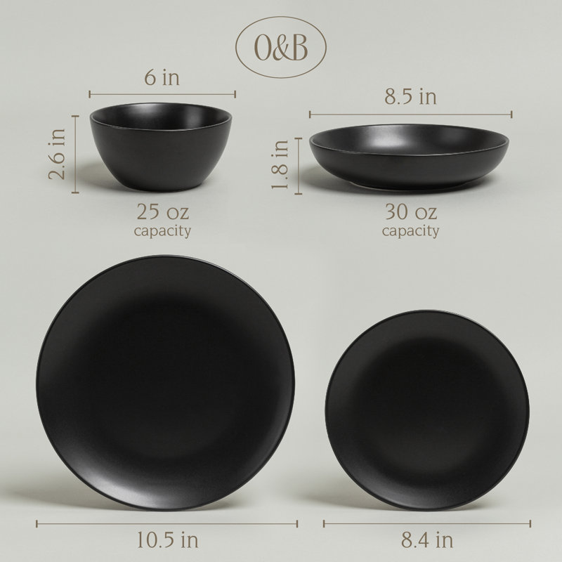 over&back Coupe 16-Piece Semi Hand-Finished Stoneware Dinnerware Set, Service for 4, Black