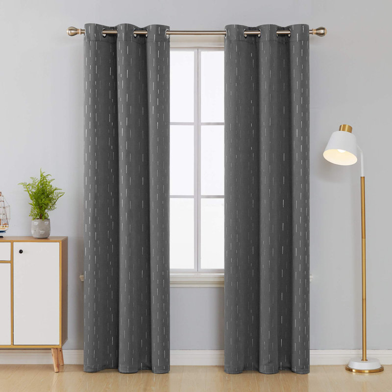 Foil Print Striped Blackout Thermal Insulated Grommet Curtains (Set of 2), Dark Gray, 42" W x 95" L