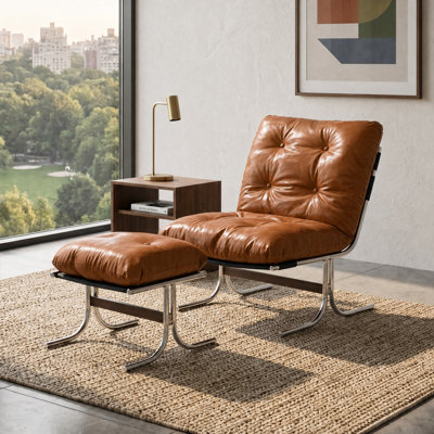 Méridienne Mid-Century moderne en cuir d'inspiration Bauhaus avec pieds en repose-pieds chromés