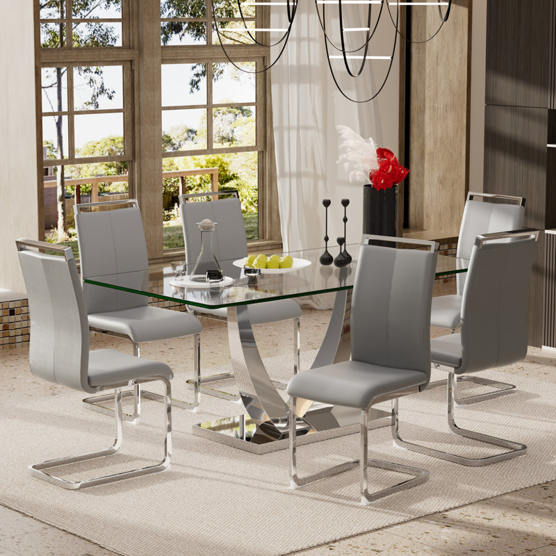 Ensemble de table de salle à manger en verre avec chaises rembourrées en polyuréthane 4/6, base en forme de corne pour la cuisine moderne