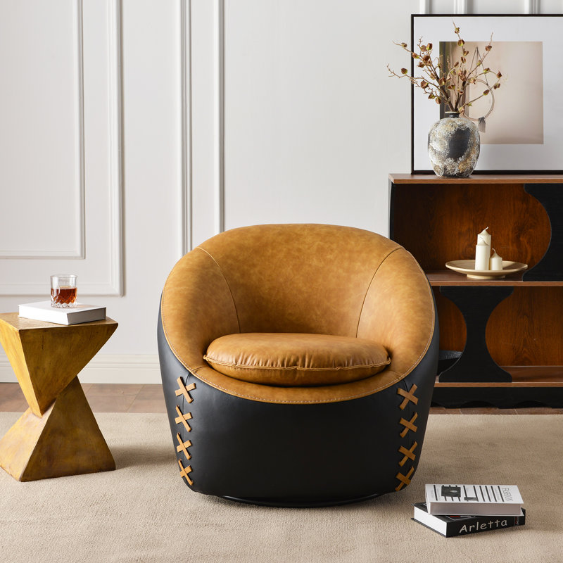 32.3'' W Top-grain Genuine Leather Upholstered Swivel Barrel Chair, Camel