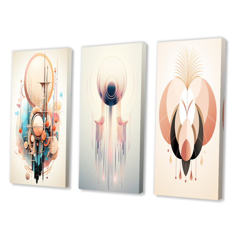 «Glorious Elegance Nouveau Abstract Geometric III», 3 pièces sur toile, Toile tendue, H 40 po x l 60 po