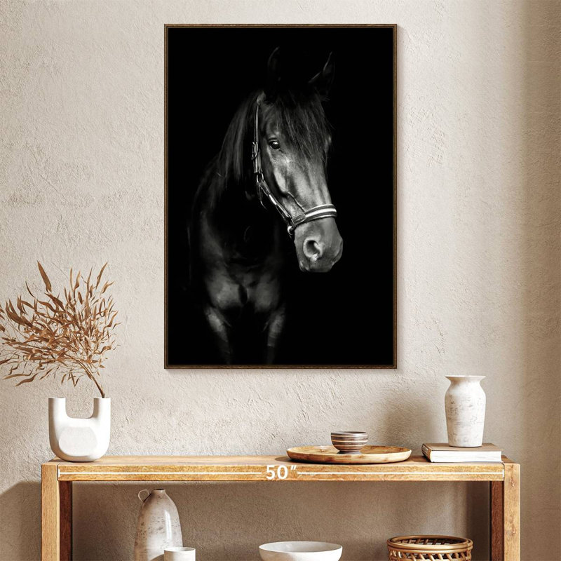 Black Horse In The Dark, 27" x 40", Floating Frame Walnut