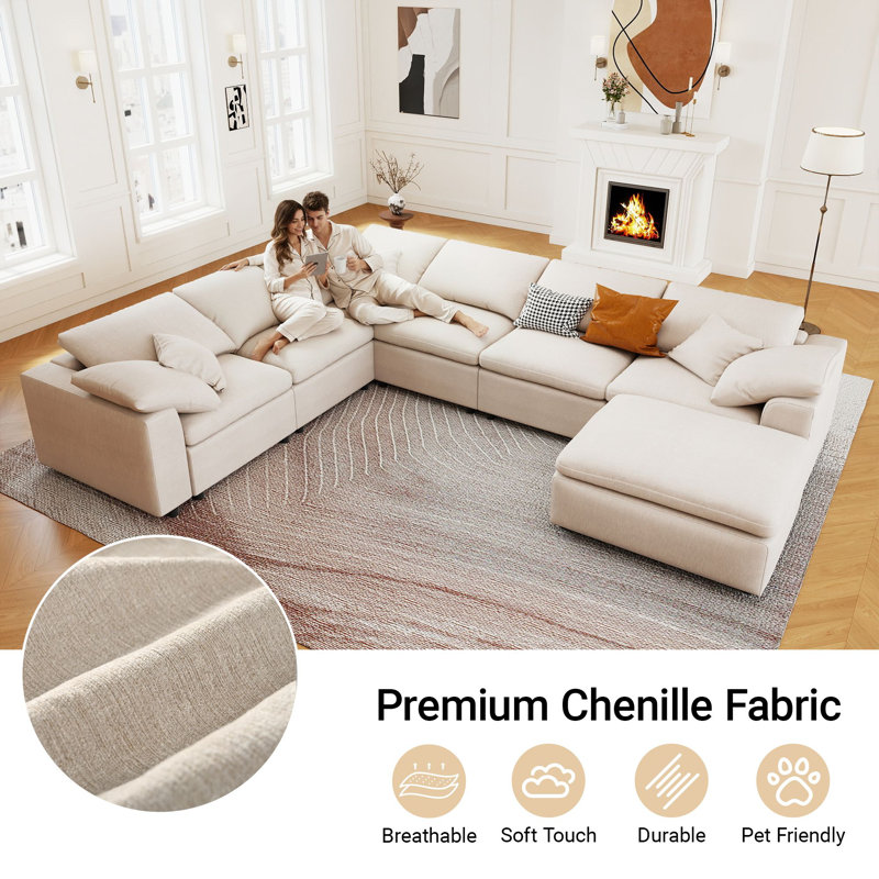 125" Chenille Modular Sectional Sofa 7-Piece Modern Oversized Cloud Corner Couch With Removable Ottoman, Beige Chenille