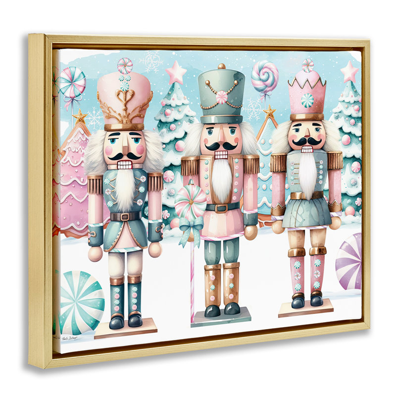 «Pastel Nutcracker Trio», toile encadrée dorée sur toile flottante par Nicole DeCamp, H 17 po x l 21 po