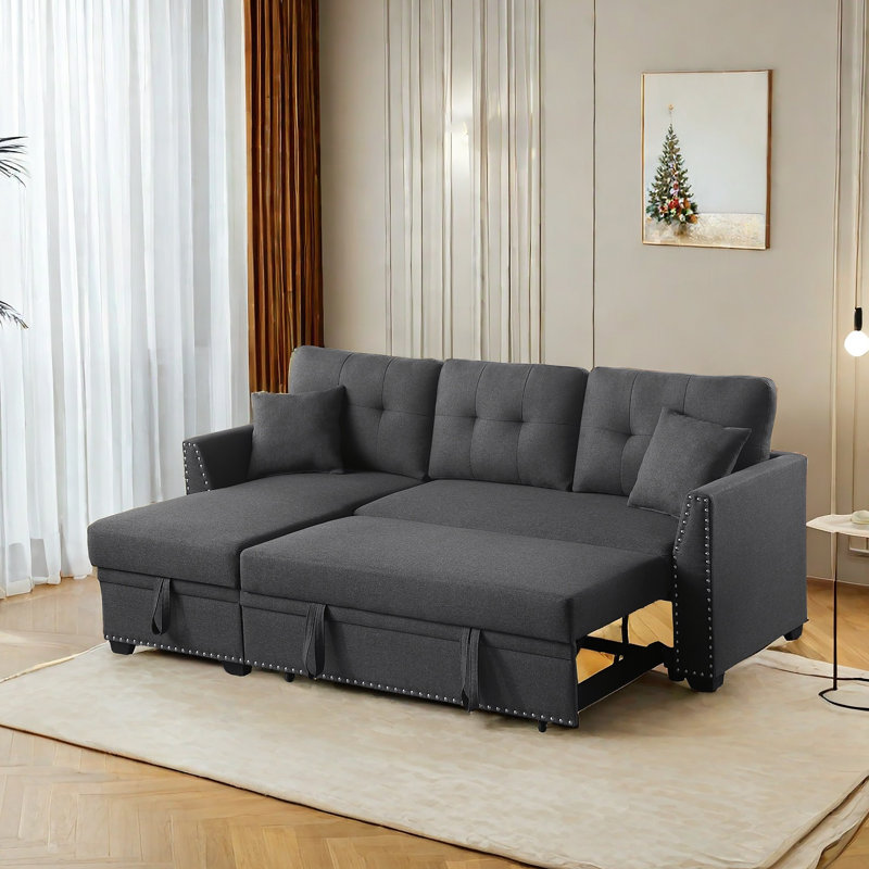 82.5'' Upholstered Sleeper Sofa With Storage Chaise, Klaryssa Dark Gray Linen