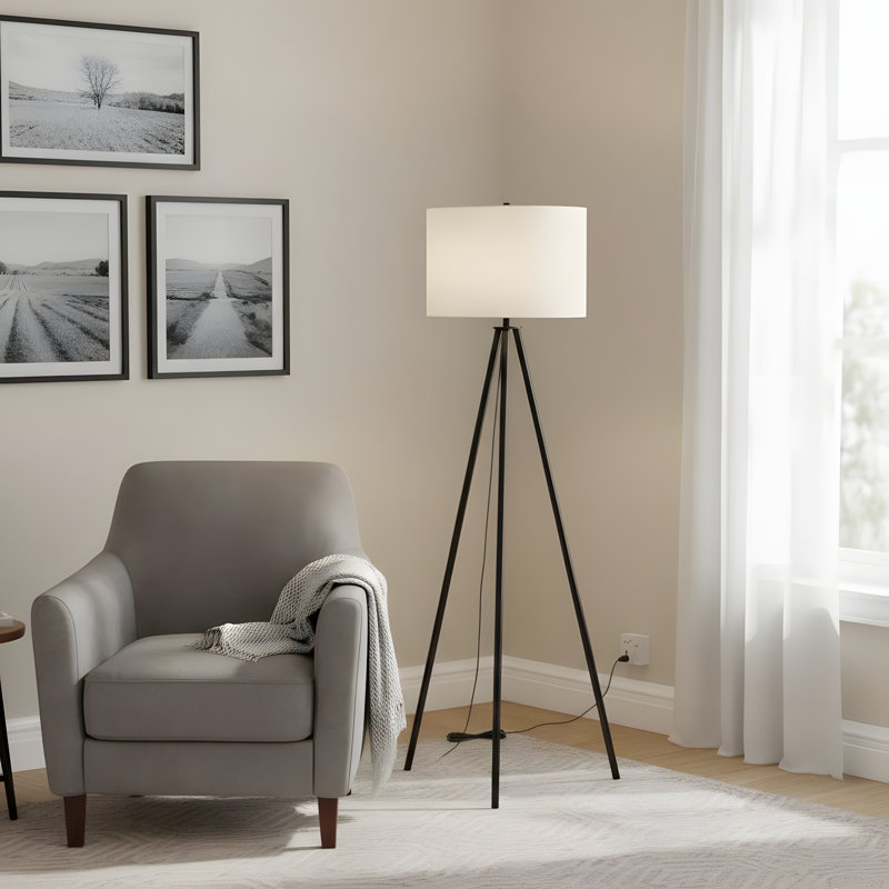 Éclairage, hauteur de 63 pouces, lampe sur pied, métal noir, abat-jour ivoire / crème, style moderne, Noir