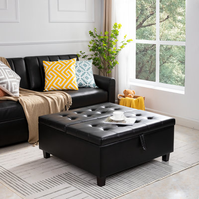 Grande table basse avec repose-pieds capitonné et capitonné avec rangement et dessus carré 35,43 po Ciara