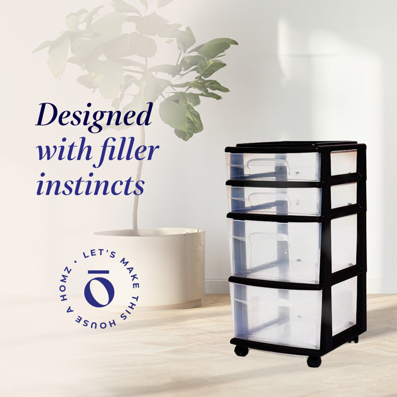 Black Plastic Medium Storage Cart with 4 Clear Drawers