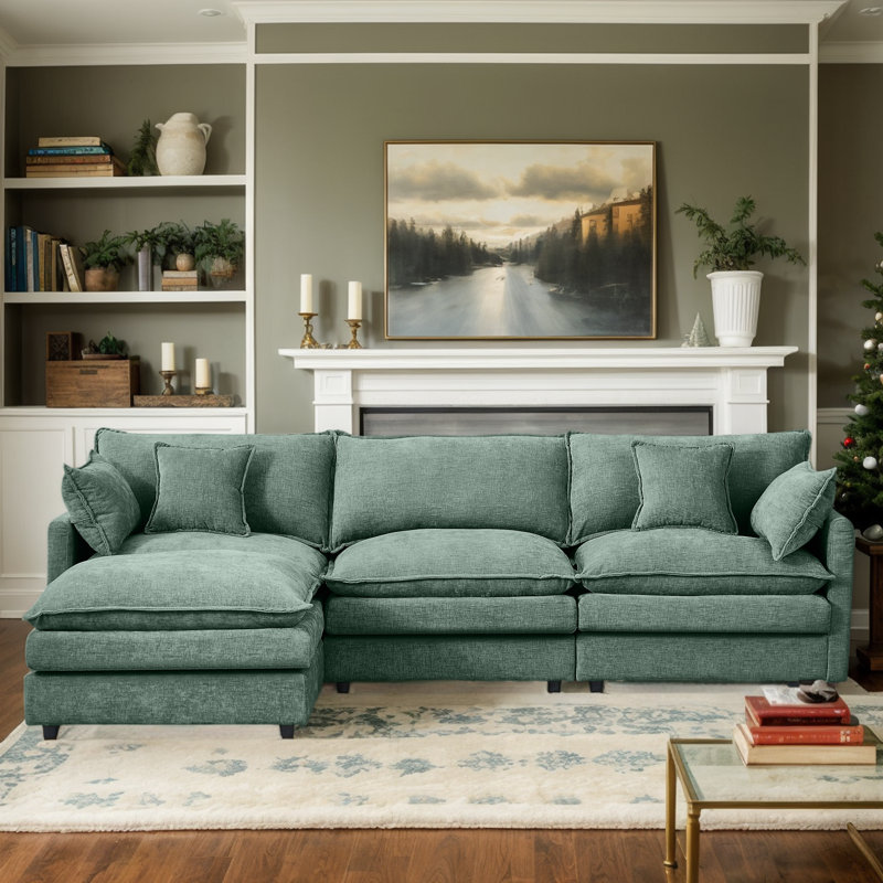 Eyisean 102" Chenille Modular Sectional Sofa with Ottoman, 3-Seater L Shape Cloud Couch with Upholstered & Pillow, Comfy Sleeper Sofa for Living Room, Bedroom, Office, Apartment, Easy Assembly