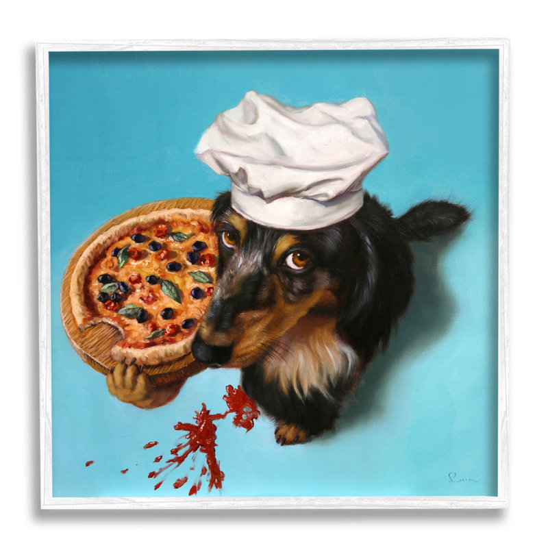 «Dog Chef Pizza Bite», art giclée par Lucia Heffernan, H 12 po x l 12 po x P 1,5 po, Giclée encadrée blanc bord de mer
