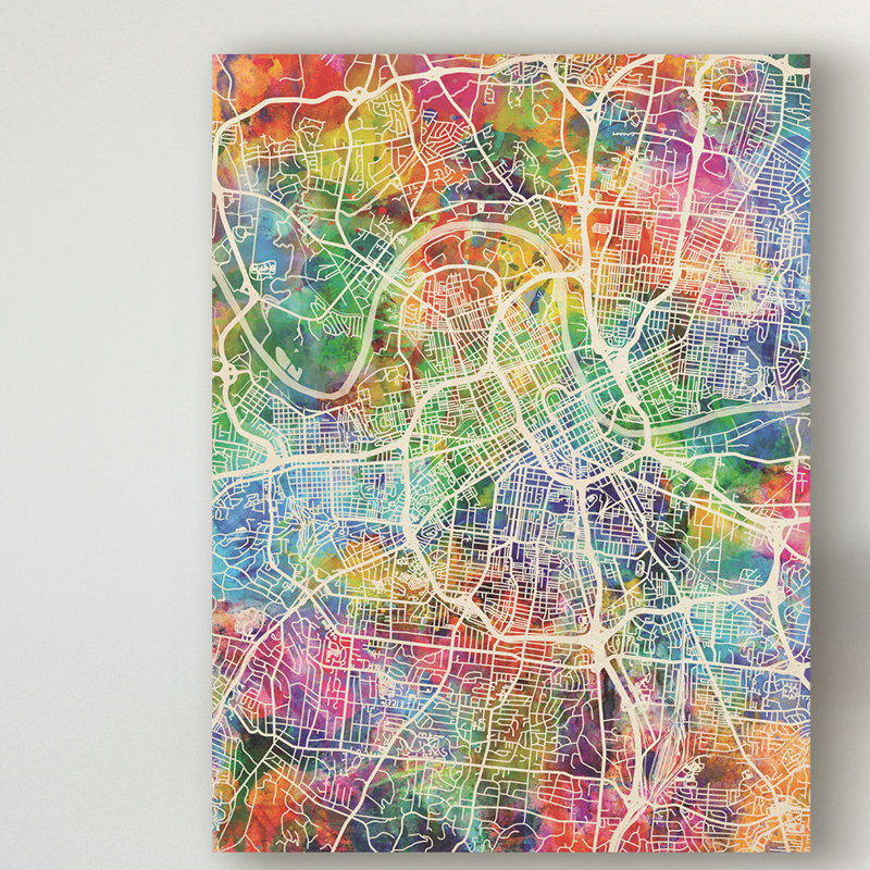 « nashville tennessee city map », impression sur toile tendue en vert/bleu/jaune, H 24 po x l 18 po x P 2 po