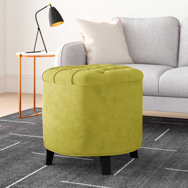 Alethea Velvet Tufted Round Solid Colour Ottoman with Storage, Asparagus