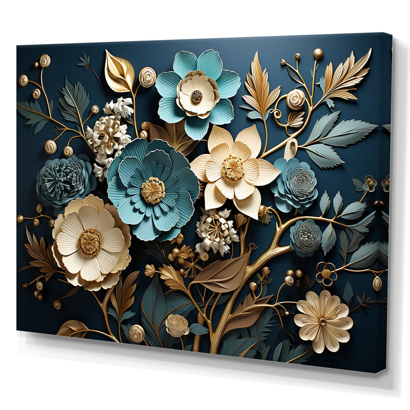 Bleu et or, charmante fleur printanière élégance I - Fleurs, art mural, Toile tendue, H 16 po x l 32 po x P 1 po