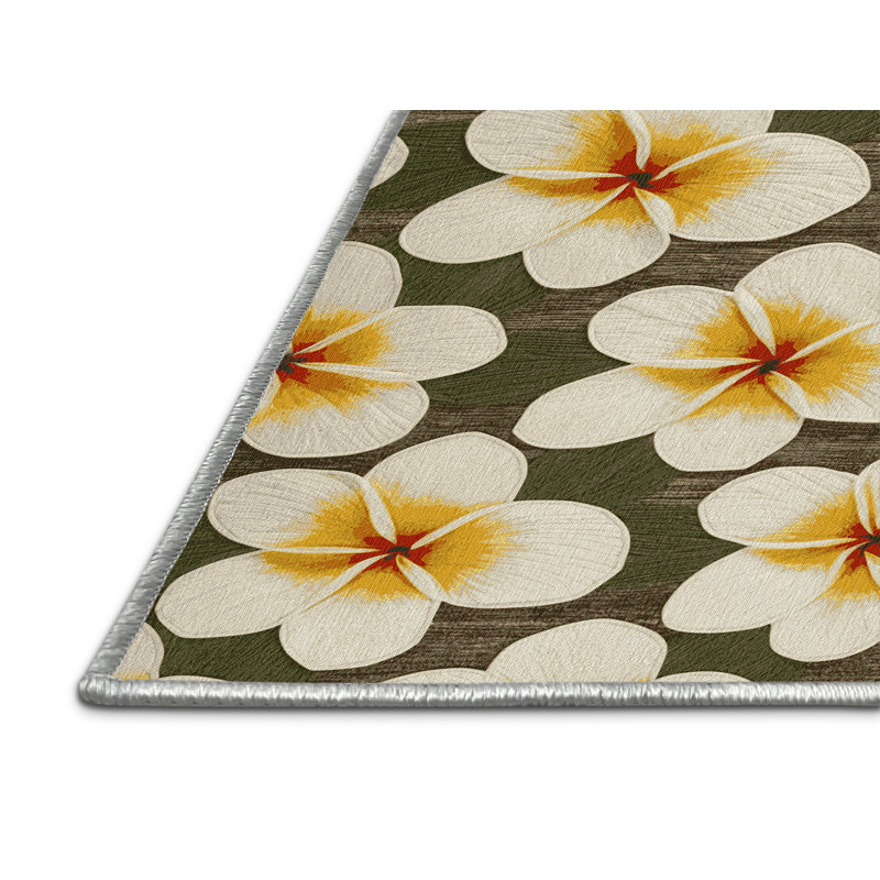 Machine Washable Botanical Beige Area Rug, Rectangle 6' x 9'