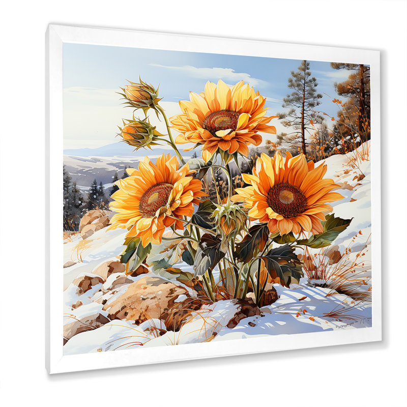 Charme de tournesols en hiver - impression, H 30 po x l 30 po x P 1 po, Cadre simple blanc