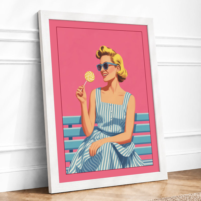 Woman with Lollipop Retro - Framed Print, A3 - 42.0 x 29.7 cm, White