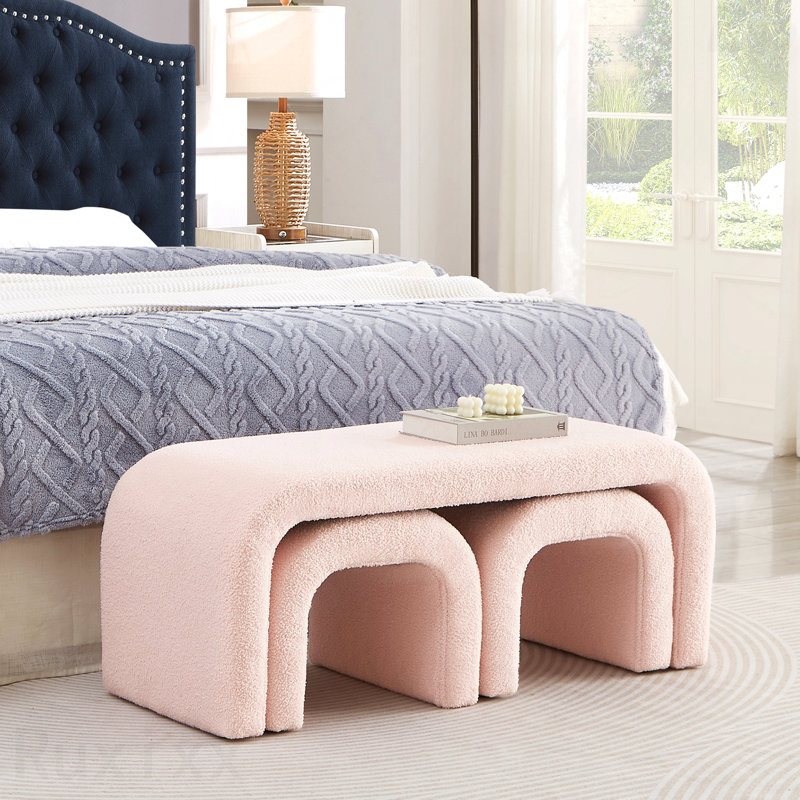 Set Of 3 U-Shaped Modern Bench - Teddy Upholstered Ottoman, Pink