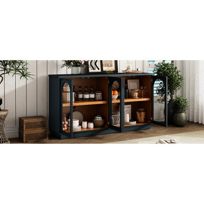 Navy Storage Buffet. 4-Door With Adjustable Shelves For Dining Area. Elegant, Construction. Cable Hole Buffet In Navy. Ample Space Home. Shelves,