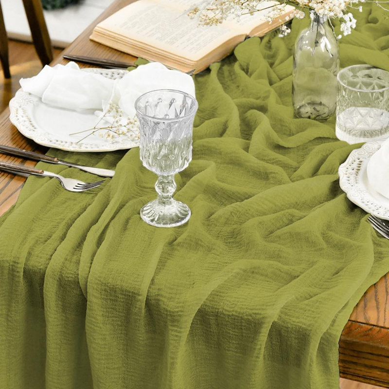 Grass Green Boho Gauze Wedding Cheesecloth Table Runner 300 cm | Seasonal Spring Bridal Fabric Kitchen Dining Holiday Table Decor for Home Party