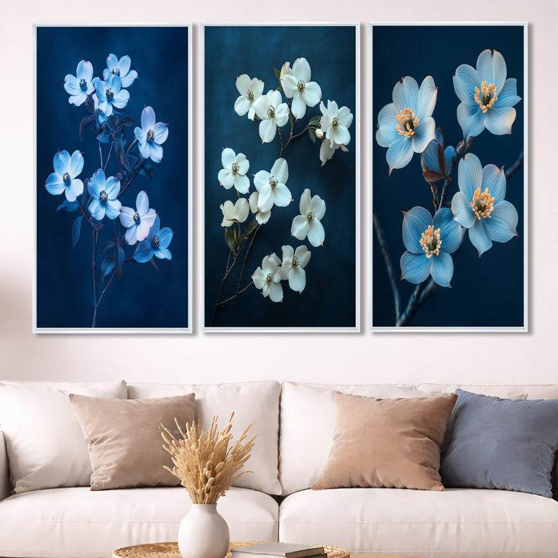 Décoration murale 3 pièces Moody Blossom Contrast - cornouiller, H 40 po x l 60 po, Cadre flottant blanc